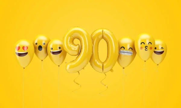 Nummer 90 gele verjaardag Emoji gezichten ballonnen. 3D renderen — Stockfoto