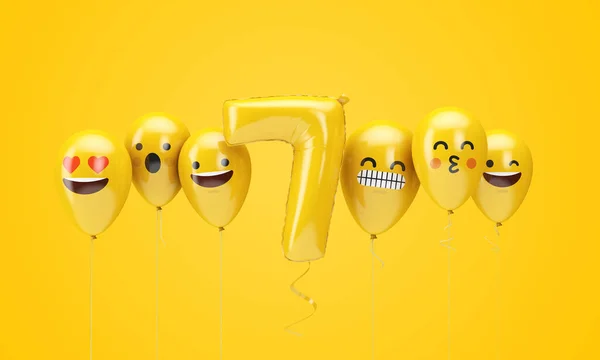 Numero 7 giallo compleanno emoji facce palloncini. Render 3D — Foto Stock