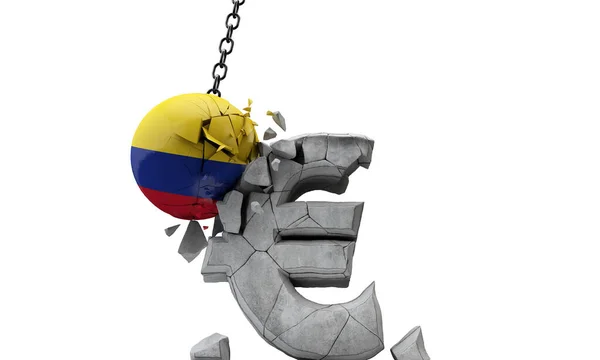 Colombia vlag bal smashing een Europese munt symbool. 3d Render — Stockfoto