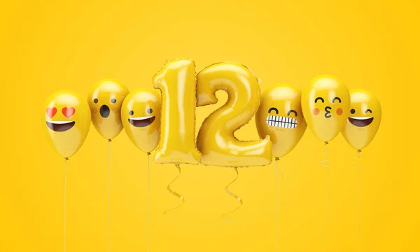 Το νούμερο 12 κίτρινο emoji γενεθλίων βλέπει μπαλόνια. Απόδοση 3D — Φωτογραφία Αρχείου