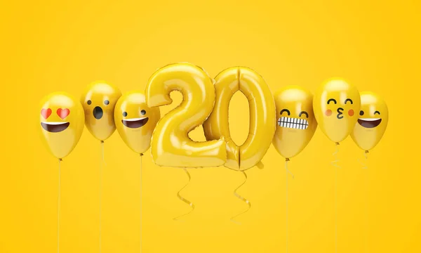 Numero 20 giallo compleanno emoji facce palloncini. Render 3D — Foto Stock