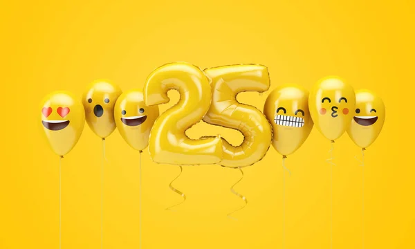 Шарики смайликов на 25 желтых дней рождения. 3D Render — стоковое фото