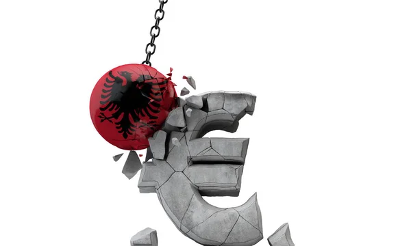 Albanië vlaggenbal verpletterende een Europese munt symbool. 3d Render — Stockfoto