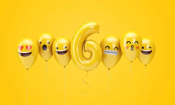 Szám 6 sárga születésnap Emoji arcok lufi. 3D-leképezés — Stock Fotó