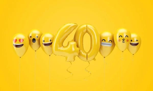 Number 40 yellow birthday emoji faces balloons. 3D Render
