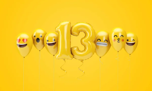 Numero 13 giallo compleanno emoji facce palloncini. Render 3D — Foto Stock