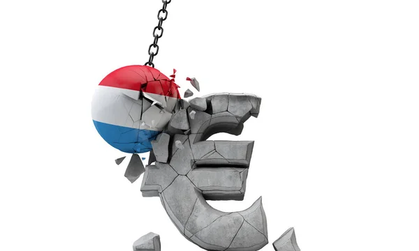 Lucemburská vlajková koule rozbíjí evropský symbol měny eura. 3D vykreslení — Stock fotografie