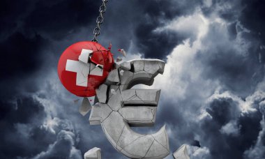 İsviçre bayrak topu bir Avrupa para birimi sembolünü parçalıyor. 3d Hazırlama