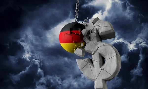 Germany flag ball smashing a USA dollar currency symbol. 3D Render
