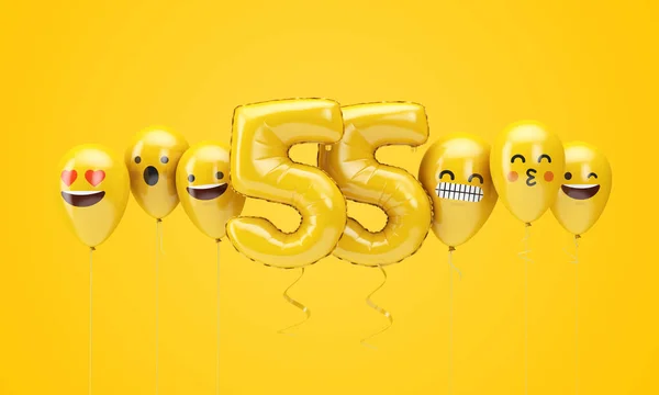 Número 55 emoji aniversário amarelo enfrenta balões. Renderização 3D — Fotografia de Stock