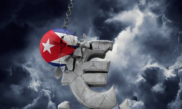 Cuba flag ball smashing a European Euro currency symbol. 3D Render