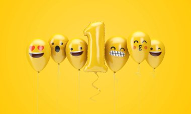 1 numaralı sarı doğum günü emojisi balonlara bakıyor. 3d Render