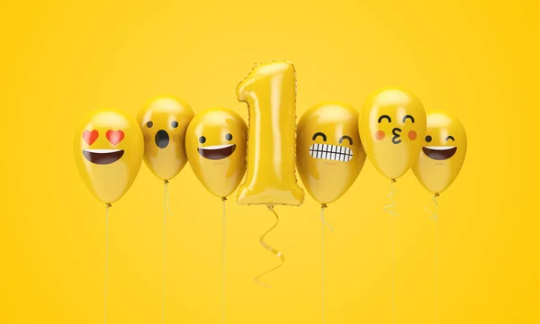 Numer 1 żółte urodziny emoji twarze balony. Renderowanie 3D — Zdjęcie stockowe