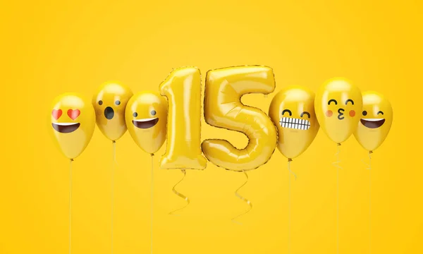 Numéro 15 jaune emoji anniversaire visages ballons. Expéditeur 3D — Photo