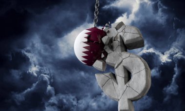 Katar bayrağı topu abd doları para sembolü parçalıyor. 3d Render