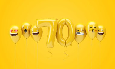 70 numaralı sarı doğum günü emojisi balonlara bakıyor. 3d Render
