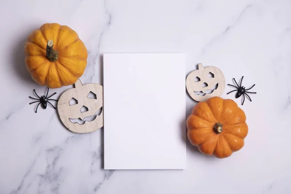 Blank white halloween card with pumpkins and spiders. Poster invitation mockup — Stock Photo, Image