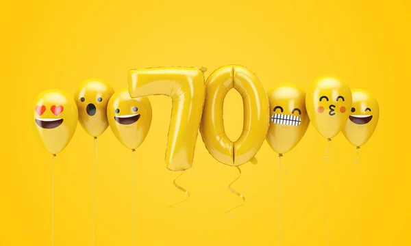 Numer 70 żółte urodziny emoji twarze balony. Renderowanie 3D — Zdjęcie stockowe