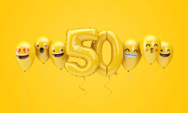 50 numaralı sarı doğum günü emojisi balonlara bakıyor. 3d Render