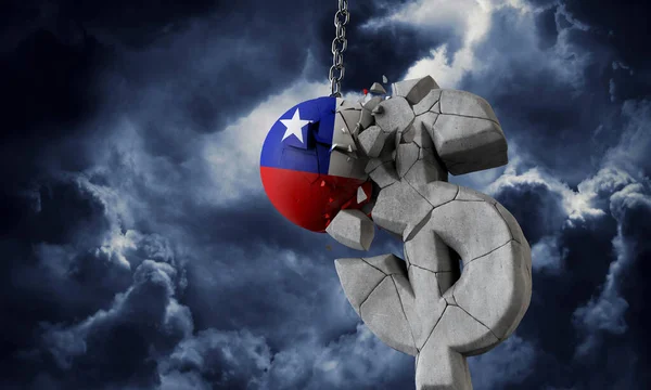 Bola de bandeira do Chile esmagando um símbolo de moeda do dólar dos EUA. Renderização 3D — Fotografia de Stock
