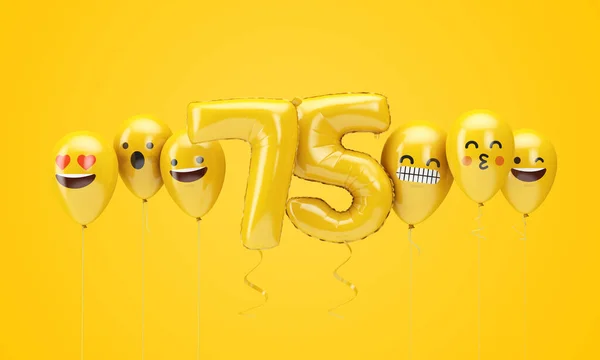 번호 75 노란색 생일 이모티콘은 풍선을 직면한다. 3D 렌더링 — 스톡 사진