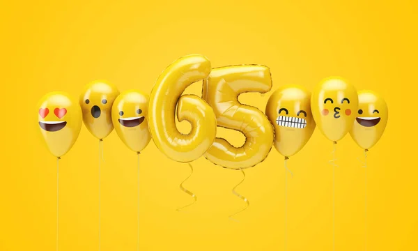 Číslo 65 žluté narozeniny stojí před balónky. prostorové vykreslení — Stock fotografie