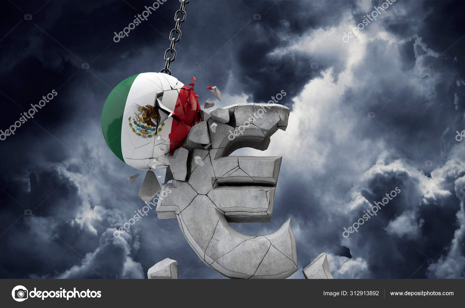 墨西哥国旗球粉碎了欧洲货币符号。 3d渲染——图库图片© InkDropCreative #312913892