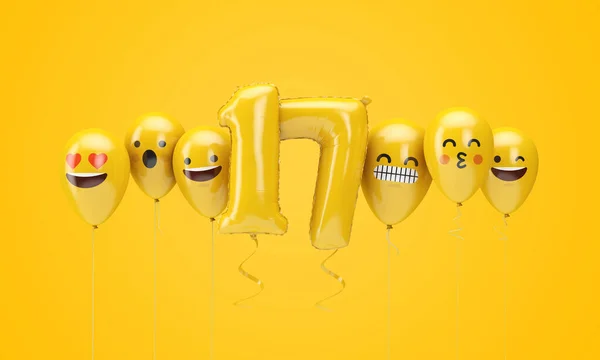 Nummer 17 gul födelsedag emoji ansikten ballonger. 3D-rendering — Stockfoto