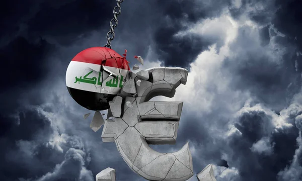 Iracka kula flagowa rozbijająca europejski symbol waluty euro. 3d Renderowanie — Zdjęcie stockowe