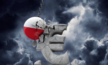 Polonya bayrak topu Avrupa para birimi sembolünü parçalıyor. 3d Hazırlama