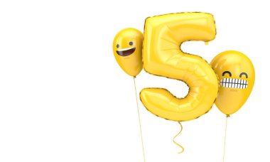 5 numaralı doğum günü balonu ve emoji yüzlü balonlar. 3d Hazırlama