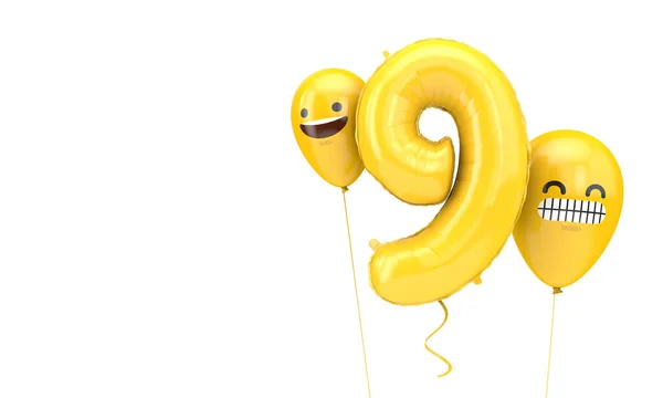 Narozeninový balónek číslo 9 s balónky s emoji tváří. 3D vykreslení — Stock fotografie