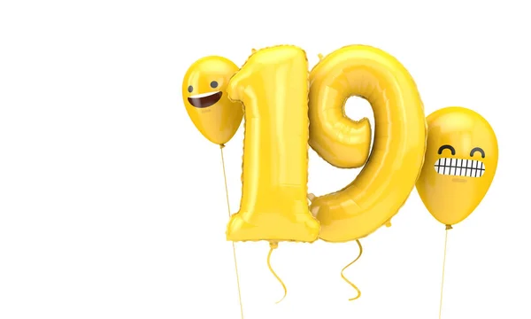 Globo de cumpleaños número 19 con globos emoji caras. Renderizado 3D —  Fotos de Stock