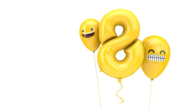 Narozeninový balónek číslo 8 s balónky s emoji tváří. 3D vykreslení — Stock fotografie
