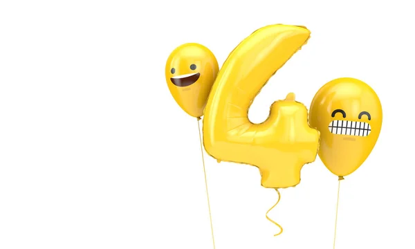 Palloncino di compleanno numero 4 con faccine emoji palloncini. Render 3D — Foto Stock