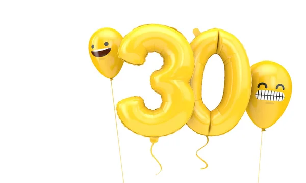 Bola de aniversário número 30 com emoji enfrenta balões. Renderização 3D — Fotografia de Stock