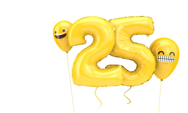 25 번째 생일 공에 이모티콘이 달린 풍선이 걸려 있다. 3D 렌더링 — 스톡 사진