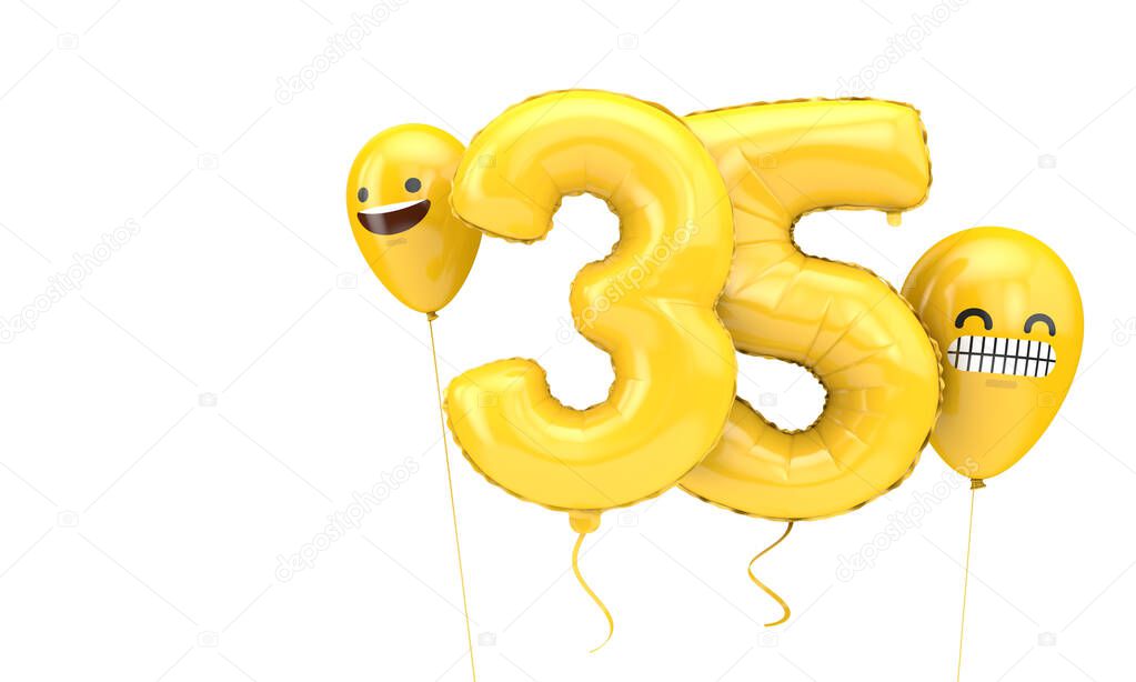 Number 35 birthday ballloon with emoji faces balloons. 3D Render