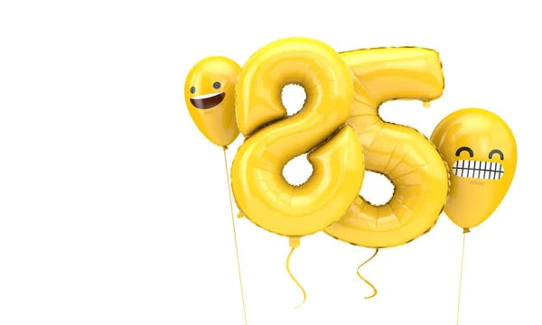 Palloncino di compleanno numero 85 con faccine emoji palloncini. Render 3D — Foto Stock