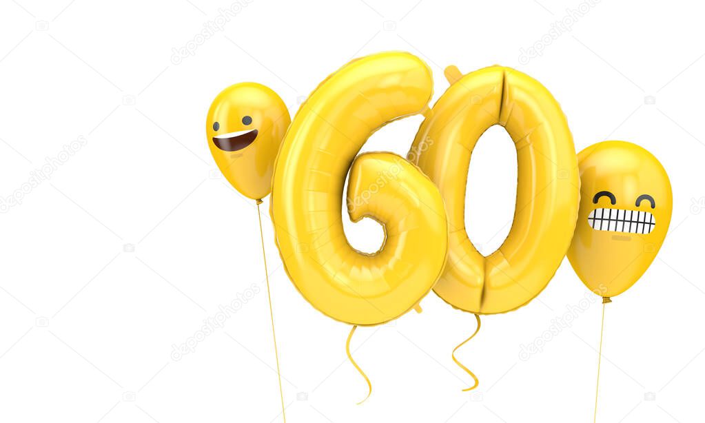 Number 60 birthday ballloon with emoji faces balloons. 3D Render