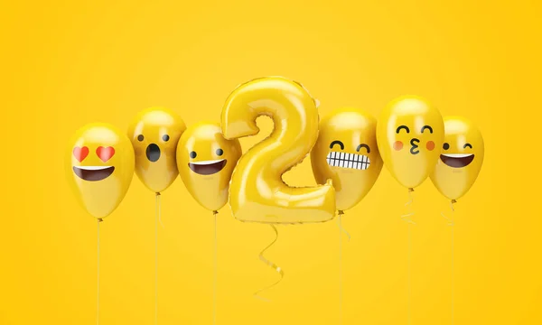 Numer 2 żółte urodziny emoji twarze balony. Renderowanie 3D — Zdjęcie stockowe