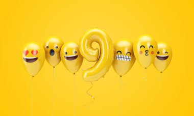 9 numaralı sarı doğum günü emojisi balonlara bakıyor. 3d Render