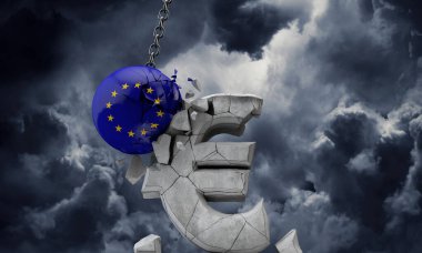 Eu bayrak topu bir Avrupa para birimi sembolünü parçalıyor. 3d Hazırlama