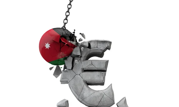 Мяч с флагом Иордании разбивает символ европейской валюты евро. 3D Render — стоковое фото