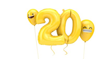 20 numaralı doğum günü balonu ve yüz ifadeli balonlar. 3d Hazırlama