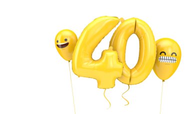 Emoji yüzlü balonlu 40 numaralı doğum günü balonu. 3d Hazırlama