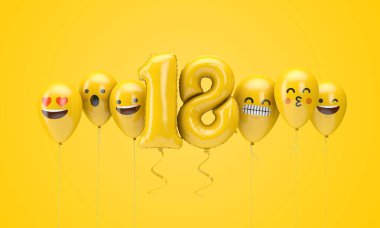18 numaralı sarı doğum günü emojisi balonlara bakıyor. 3d Render