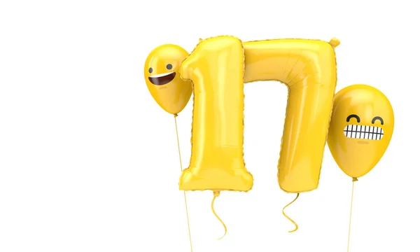 Palloncino di compleanno numero 17 con faccine emoji palloncini. Render 3D — Foto Stock