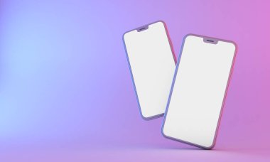 Beyaz ekranlı, neon ışıklı akıllı telefon modeli. 3d Hazırlama