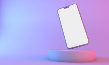 Beyaz ekranlı, neon ışıklı akıllı telefon modeli. 3d Hazırlama